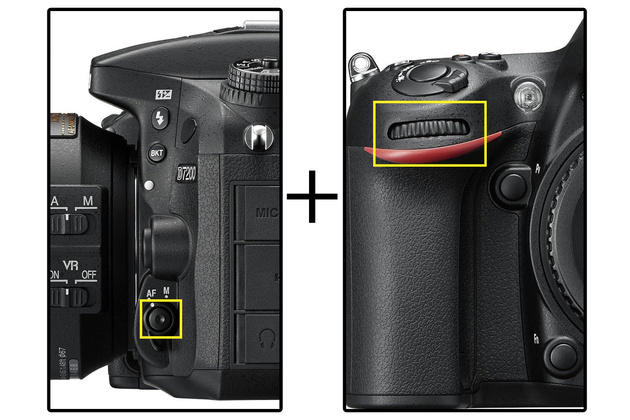 На продвинутых фотоаппаратах уровня Nikon D7200 и выше для выбора режимов автофокуса предусмотрена ещё и специальная кнопка. Она совмещена с рычажком включения/выключения автофокуса. Необходимо, удерживая её нажатой, покрутить заднее колёсико управления камерой. Хоть на словах это выглядит сложновато, на деле такой способ переключения режимов фокусировки весьма оперативен. Задействованный режим фокусировки будет отображён в видоискателе и на экранах камеры (в зависимости от модели — на верхнем и основном или только на основном).