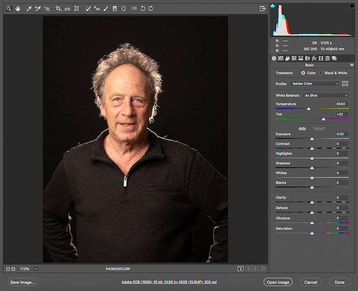 Screenshot of opening the RAW file with photoshop portrait editing