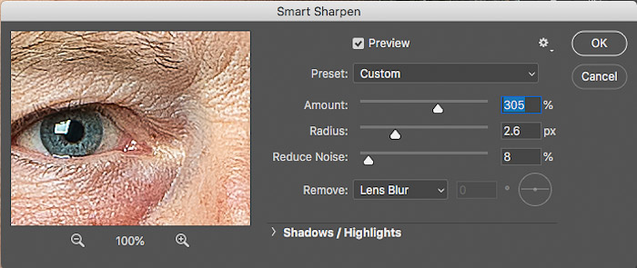 Screenshot of settings for the smart sharpening used for how to Photoshop portrait photos.
