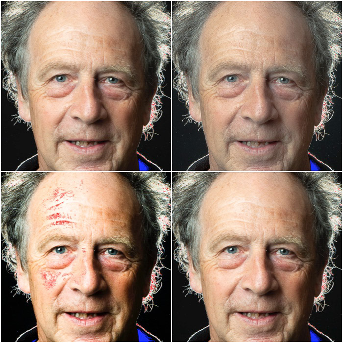 Four photo grid showing the effect of contrast in editing portraits in Photoshop