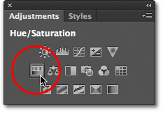 Selecting Hue/Saturation from the Adjustments panel.