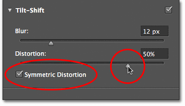 The Distortion options for the Tilt-Shift filter in Photoshop CS6.