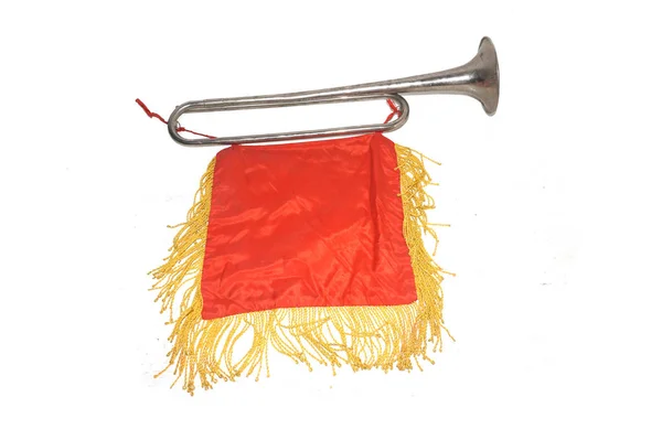 Soviet Old Pioneer Horn Red Banner White Background Pioneer Horn Stock Photo