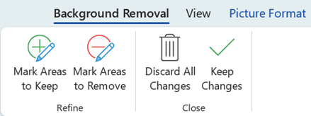 The background removal buttons on the Picture Tools Format tab of the ribbon in Office 2016